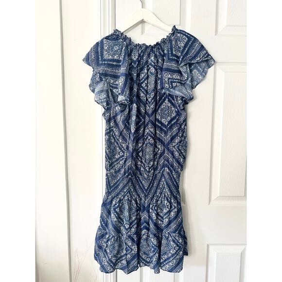 Lini Blue Stacey Ikat Geometric Print Flutter Sleeve Smocked Waist Mini Dress XS - Picture 11 of 11